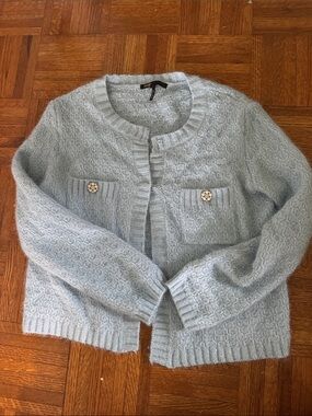 Maje Pale Blue Textured Knit Cardigan with Pearl Buttons